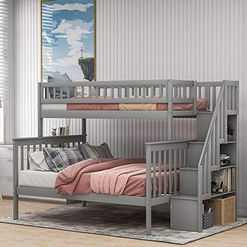 Merax Twin Over Full Bunk Bed with Stairs, Wood Bed Frame with Storage Space and Guard Rail for Bedroom, Dorm, for Teens, Adults, Grey