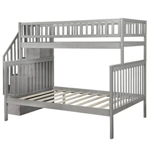 Merax Twin Over Full Bunk Bed with Stairs, Wood Bed Frame with Storage Space and Guard Rail for Bedroom, Dorm, for Teens, Adults, Grey