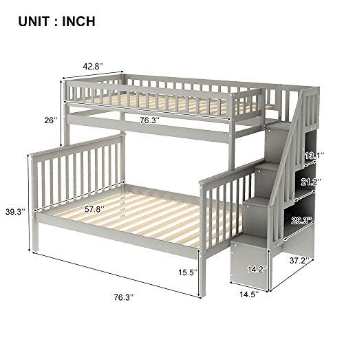 Merax Twin Over Full Bunk Bed with Stairs, Wood Bed Frame with Storage Space and Guard Rail for Bedroom, Dorm, for Teens, Adults, Grey