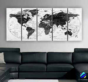 original by boxcolors xlarge 30″x 70″ 5 panels 30×14 ea art canvas print watercolor black white gray map world push pin travel wall decor (framed 1.5″ depth) m1828