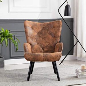 Dolonm Rustic Accent Chair Vintage Wingback Chair Microfiber Cushioned Mid Century Tall Back Desk Chair with Arms Solid Wood Legs for Reading Living Room Bedroom Waiting Room (Brown)