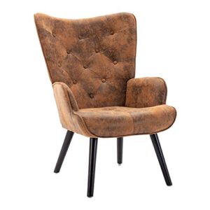 dolonm rustic accent chair vintage wingback chair microfiber cushioned mid century tall back desk chair with arms solid wood legs for reading living room bedroom waiting room (brown)