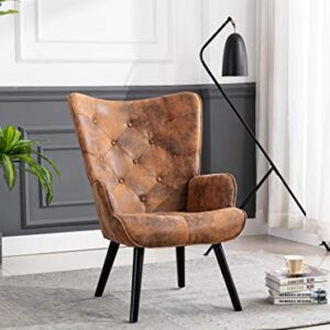 Dolonm Rustic Accent Chair Vintage Wingback Chair Microfiber Cushioned Mid Century Tall Back Desk Chair with Arms Solid Wood Legs for Reading Living Room Bedroom Waiting Room (Brown)