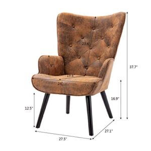 Dolonm Rustic Accent Chair Vintage Wingback Chair Microfiber Cushioned Mid Century Tall Back Desk Chair with Arms Solid Wood Legs for Reading Living Room Bedroom Waiting Room (Brown)