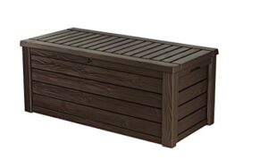 keter westwood 150 gallon resin large deck box-organization and storage for patio furniture, outdoor cushions, garden tools , pool toys, brown