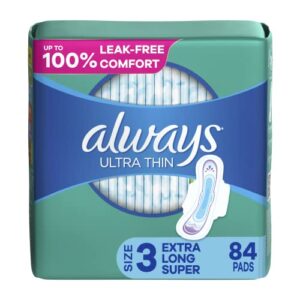 always ultra thin feminine pads for women, size 3 extra heavy long absorbency, multipack, with wings, unscented, 28 count x 3 packs (84 count total)