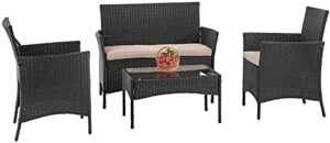 fdw patio furniture 4 pieces outdoor indoor use rattan chairs wicker patio loveseats conversation sets with table and beige cushions for backyard lawn porch garden balcony,black