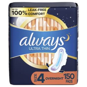 always ultra thin feminine pads for women, size 4 overnight absorbency, multipack, with wings, unscented, 50 count (pack of 3), 150 count total
