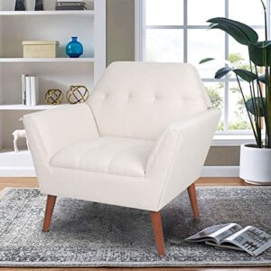 levnary modern accent chair, comfy upholstered button tufted armchair with wood legs, mid-century upholstered single sofa chair for reading room living room (beige)