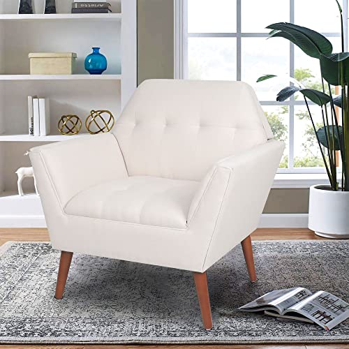 LEVNARY Modern Accent Chair, Comfy Upholstered Button Tufted Armchair with Wood Legs, Mid-Century Upholstered Single Sofa Chair for Reading Room Living Room (Beige)