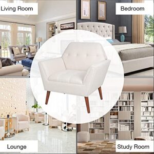 LEVNARY Modern Accent Chair, Comfy Upholstered Button Tufted Armchair with Wood Legs, Mid-Century Upholstered Single Sofa Chair for Reading Room Living Room (Beige)