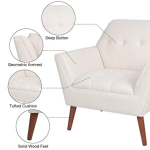 LEVNARY Modern Accent Chair, Comfy Upholstered Button Tufted Armchair with Wood Legs, Mid-Century Upholstered Single Sofa Chair for Reading Room Living Room (Beige)