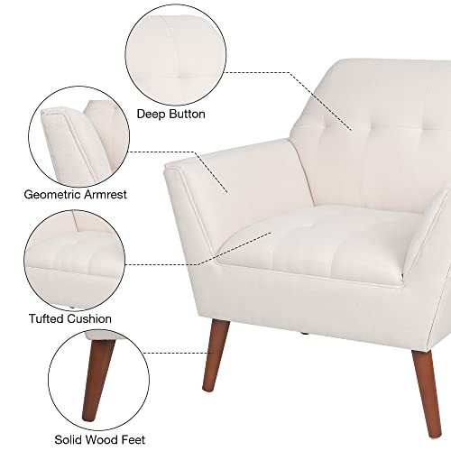 LEVNARY Modern Accent Chair, Comfy Upholstered Button Tufted Armchair with Wood Legs, Mid-Century Upholstered Single Sofa Chair for Reading Room Living Room (Beige)