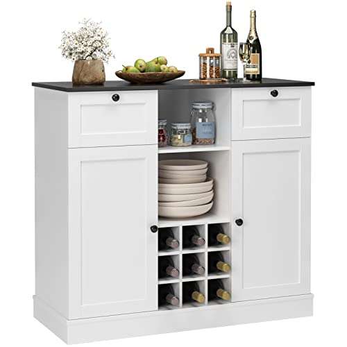 HOSTACK Buffet Sideboard Cabinet, Wine Bar Cabinet with Drawers and Removable Wine Rack, Coffee Bar Storage Cabinet with Shelves for Kitchen, Dining Room, Living Room, White