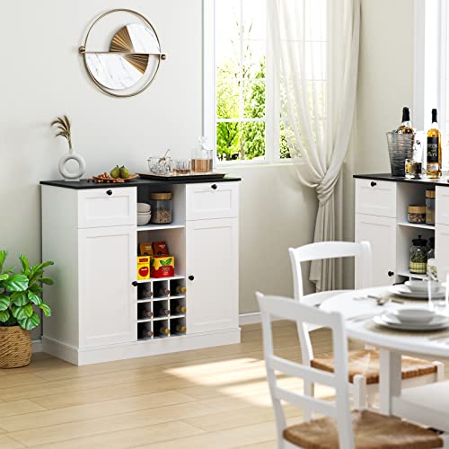 HOSTACK Buffet Sideboard Cabinet, Wine Bar Cabinet with Drawers and Removable Wine Rack, Coffee Bar Storage Cabinet with Shelves for Kitchen, Dining Room, Living Room, White