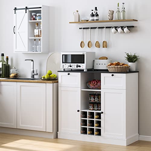 HOSTACK Buffet Sideboard Cabinet, Wine Bar Cabinet with Drawers and Removable Wine Rack, Coffee Bar Storage Cabinet with Shelves for Kitchen, Dining Room, Living Room, White