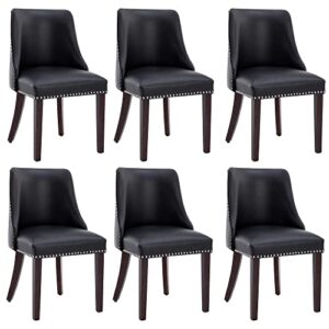kmax leather dining chairs set of 6 upholstered side chairs farmhouse accent chairs with nailhead wood legs for dining room guest room restaurant, black