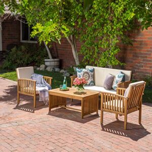 Christopher Knight Home Carolina Outdoor Acacia Sofa Set, 4-Pcs Set, Brown Patina + Cream Cushion