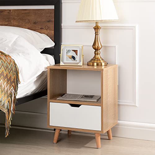 SWEETGO Nightstand Set of 2, 2-Tier End Table with Drawer and Shelf Storage, Side Table Accent Table for Bedroom, Living Room, Natural