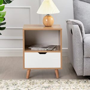 SWEETGO Nightstand Set of 2, 2-Tier End Table with Drawer and Shelf Storage, Side Table Accent Table for Bedroom, Living Room, Natural