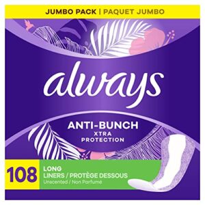always anti-bunch xtra protection daily liners long unscented, anti bunch helps you feel comfortable, 108 count