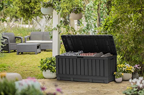 Keter Kentwood 90 Gallon Resin Deck Box-Organization and Storage for Patio Furniture Outdoor Cushions, Throw Pillows, Garden Tools and Pool Toys, Graphite