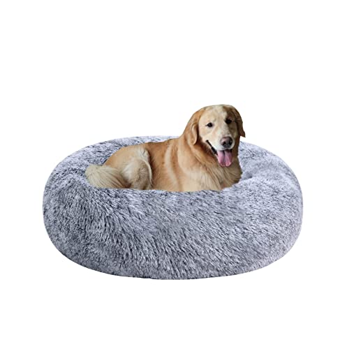 Poohoo Calming Faux Fur Donut Cuddler Dog Bed,Washable Round Cat Bed Pillow Cuddler Gradient Color(23"/30") for Small Medium Dogs(L 30",Grey)