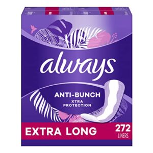 always anti-bunch xtra protection, panty liners for women, light absorbency, extra long legnght, multipack, leakguard + rapiddry, unscented, 68 count x 4 packs (272 count total)