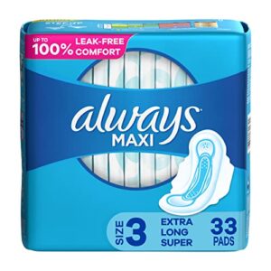 always maxi feminine pads for women, size 3 extra long super absorbency, with wings, unscented, 33 count