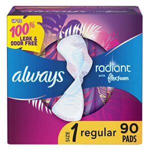 always radiant feminine pads for women, size 1 regular absorbency, multipack, with flexfoam, with wings, light clean scent, 30 count x 3 packs (90 count total)