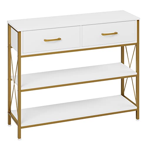 HITHOS Industrial Console Table with Drawers, Vintage Hallway Foyer Table with Storage Shelves, Narrow Long Sofa Entryway Table for Living Room, White/Gold