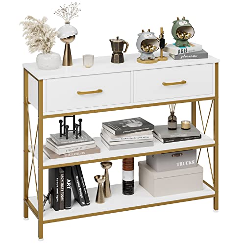 HITHOS Industrial Console Table with Drawers, Vintage Hallway Foyer Table with Storage Shelves, Narrow Long Sofa Entryway Table for Living Room, White/Gold