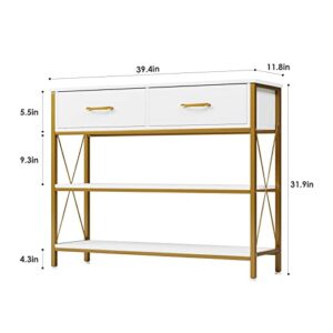 HITHOS Industrial Console Table with Drawers, Vintage Hallway Foyer Table with Storage Shelves, Narrow Long Sofa Entryway Table for Living Room, White/Gold