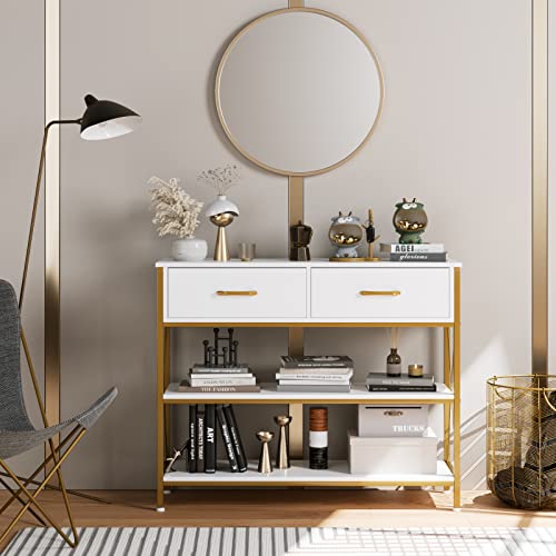 HITHOS Industrial Console Table with Drawers, Vintage Hallway Foyer Table with Storage Shelves, Narrow Long Sofa Entryway Table for Living Room, White/Gold
