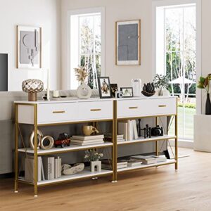 HITHOS Industrial Console Table with Drawers, Vintage Hallway Foyer Table with Storage Shelves, Narrow Long Sofa Entryway Table for Living Room, White/Gold