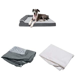 furhaven pet bundle – jumbo plus stone gray deluxe orthopedic two-tone plush faux fur & suede l shaped chaise, extra dog bed cover, & water-resistant mattress liner for dogs & cats