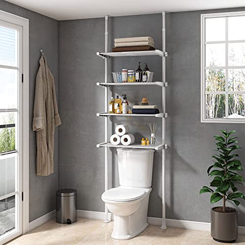 ALLZONE Bathroom Organizer, Over The Toilet Storage, 4-Tier Adjustable Shelves for Small Room, Saver Space, 92 to 116 Inch Tall, White