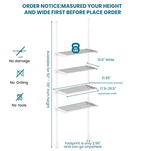 ALLZONE Bathroom Organizer, Over The Toilet Storage, 4-Tier Adjustable Shelves for Small Room, Saver Space, 92 to 116 Inch Tall, White