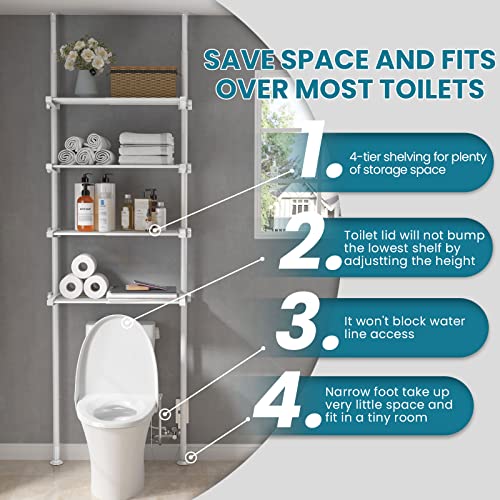 ALLZONE Bathroom Organizer, Over The Toilet Storage, 4-Tier Adjustable Shelves for Small Room, Saver Space, 92 to 116 Inch Tall, White