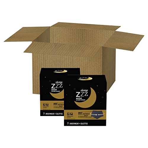 Always Zzzs Overnight Disposable Period Underwear For Women, Size Small/Medium, Black Period Panties, Leakproof, 7 Count x 2 Packs (14 Count total)