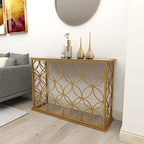 Deco 79 Metal Geometric Console Table with Mirrored Glass Top, 47" x 15" x 32", Gold