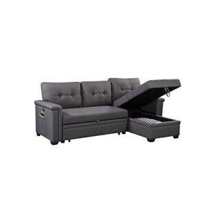 Lilola Home Ashlyn Dark Gray Reversible Sleeper Sectional Sofa with Storage Chaise, USB Charging Ports and Pocket