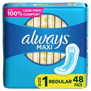 always maxi feminine pads for women, size 1 regular absorbency, without wings, unscented, 48 count