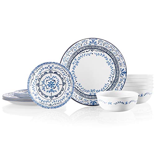 Corelle Vitrelle 18-Piece Service for 6 Dinnerware Set, Triple Layer Glass and Chip Resistant, Lightweight Round Plates and Bowls Set, Portofino