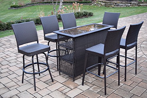 Oakland Living Ice Cooler Carts Elite All Weather Resin Wicker 7 Piece Bar Set with 2 Bar Stools and 4 Swivel Bar Stools, Coffee