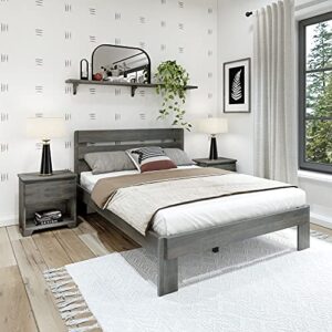 plank+beam rustic wood queen bed frame, platform bed with headboard, slatted, driftwood
