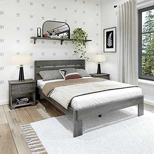 Plank+Beam Rustic Wood Queen Bed Frame, Platform Bed with Headboard, Slatted, Driftwood