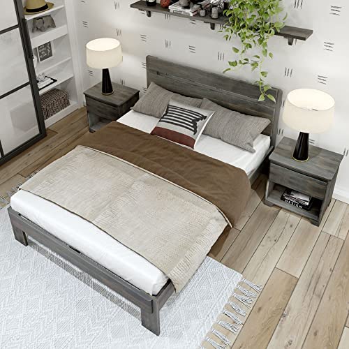 Plank+Beam Rustic Wood Queen Bed Frame, Platform Bed with Headboard, Slatted, Driftwood