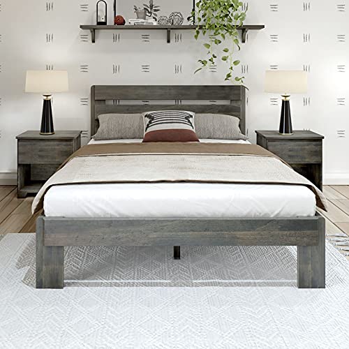 Plank+Beam Rustic Wood Queen Bed Frame, Platform Bed with Headboard, Slatted, Driftwood