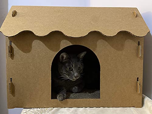 SVY Cozy Cat House with Scratcher Pad, Made of Corrugated Cardboard, Ideal for Cats & Kittens & Small Dogs & Small Animals. (Castle)